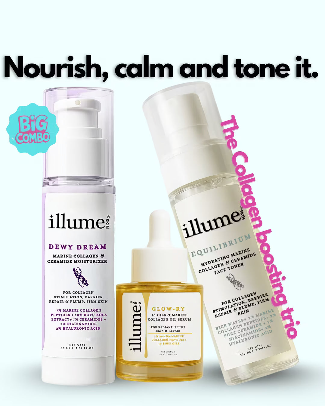 Collagen Skincare Trio | Face Serum, Moisturiser, Toner, Oil Serum with Collagen | Choose your own Trio | 180ml
