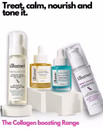 The collagen boosting trio - Dewy dream moisturizer, Glow-ry oil serum , Blue crew-face serum and equilibrium rice water toner.