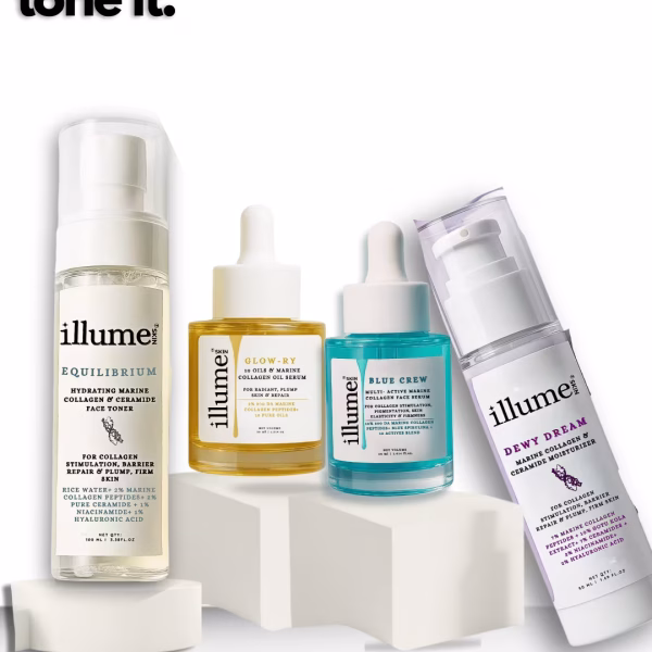 The collagen boosting trio - Dewy dream moisturizer, Glow-ry oil serum , Blue crew-face serum and equilibrium rice water toner.