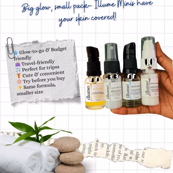 collagen boosting skincare minis- blue crew, glow-ry, dewy dream and equilibrium