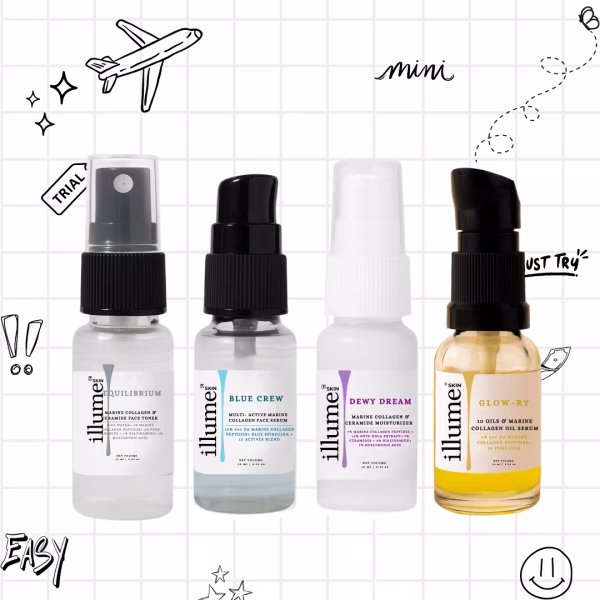 collagen boosting skincare minis- blue crew, glow-ry, dewy dream and equilibrium