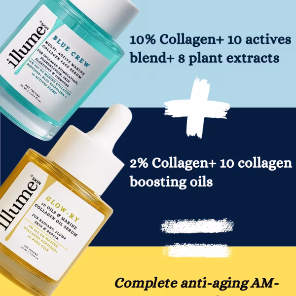 Day and night collagen boosting combo- Blue crew face serum and Glowry oil serum